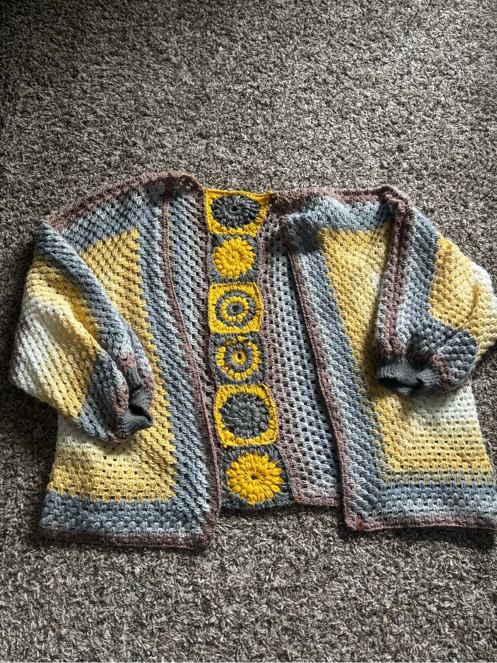Handcrafted Yellow Gray Brown Crochet Open Cardigan